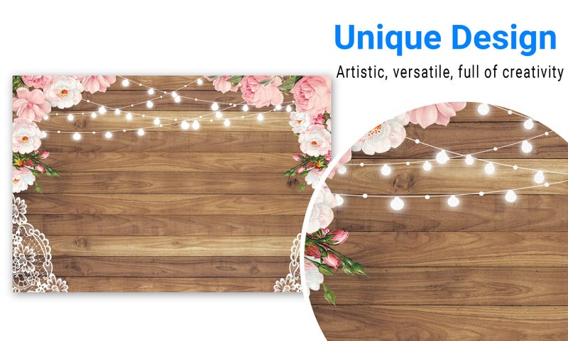 Funnytree 7X5ft Flowers Wood Lace Rustic Backdrop Wedding Floral Photography Background Wooden Board Floor Bridal Shower Baby Birthday Party Bride Banner Photo Studio - Image 3